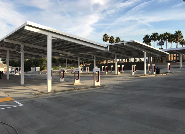 Tesla Supercharger station with solar canopy installation by Shaffer Construction electrical contractors
